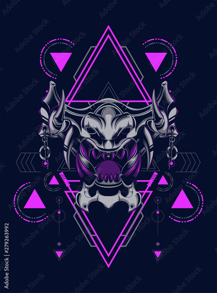 Devil mask head logo illustration with sacred geometry pattern as the background Devil mask head logo illustration with sacred geometry pattern as the background
