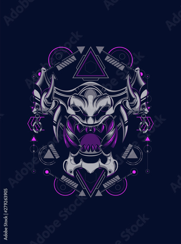 Devil mask head logo illustration with sacred geometry pattern as the background