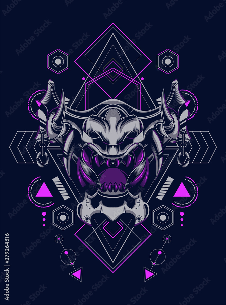 Devil mask head logo illustration with sacred geometry pattern as the background