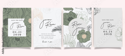Summer Flower Wedding Invitation set, floral invite thank you, rsvp modern card Design in Pink peony and white  floral with leaf greenery  branches decorative Vector elegant rustic template