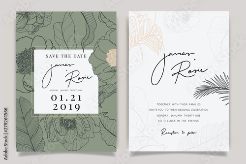 Summer Flower Wedding Invitation set, floral invite thank you, rsvp modern card Design in Pink peony and white  floral with leaf greenery  branches decorative Vector elegant rustic template