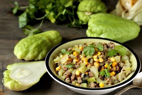 chayote dish with minced meat and corn. Latin American dish.  mexican dish 