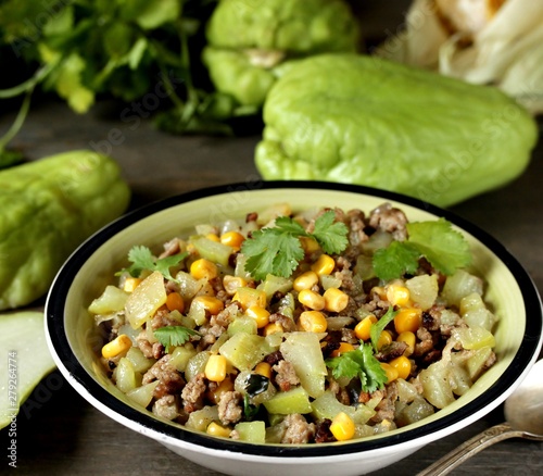 chayote dish with minced meat and corn. Latin American dish. mexican dish "Picadillo de chayote" 
