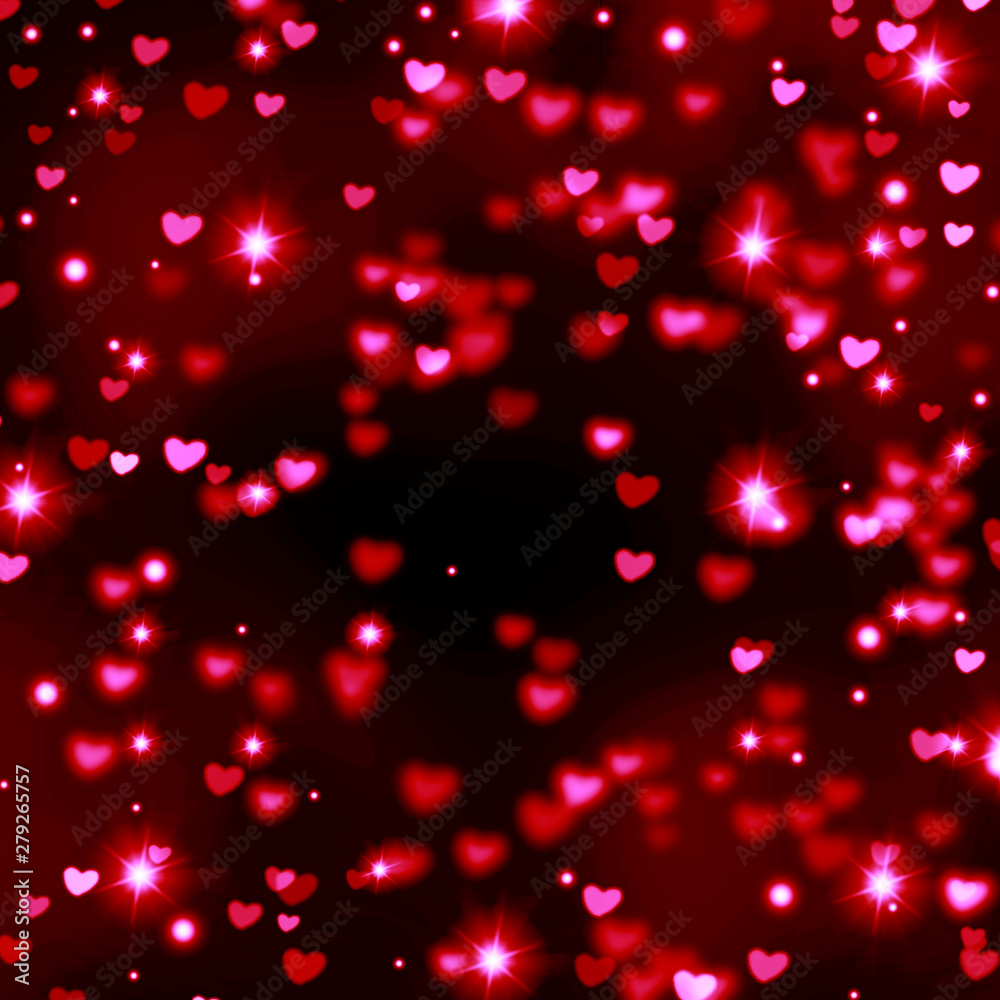 Red hearts on black background, bright, glitter, glow, romance, love,  wedding, Valentine, hearts placer, bokeh, blurred, beautiful background, red,  pink, black Stock Illustration | Adobe Stock