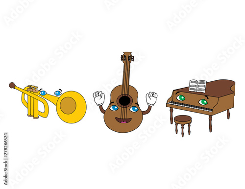 guitar piano with eyes cute trompet
