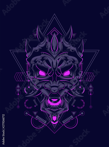 Devil mask head logo illustration with sacred geometry pattern as the background