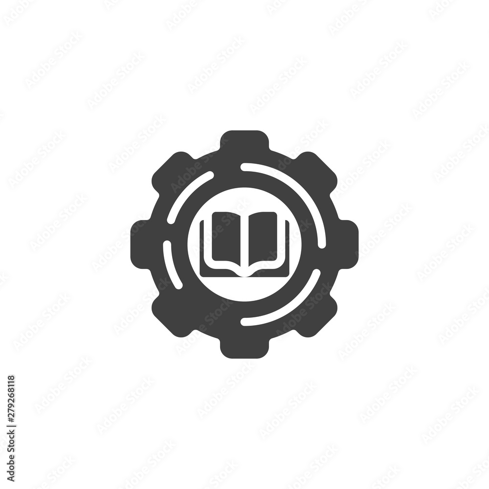 Book and gear vector icon. Manual book filled flat sign for mobile concept and web design. Technical literature glyph icon. Symbol, logo illustration. Vector graphics