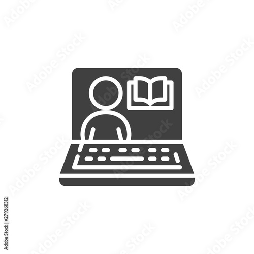 Laptop with man and book vector icon. filled flat sign for mobile concept and web design. Online education glyph icon. e learning symbol, logo illustration. Vector graphics