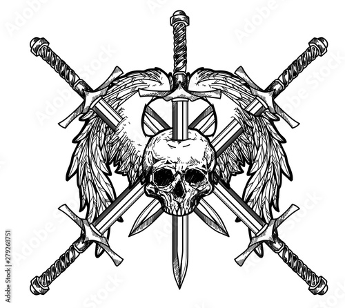 Tattoo art skull_and sword hand drawing