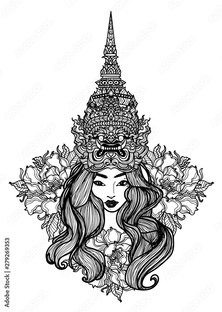 Tattoo art a woman wearing a thai giant hat hand drawing and sketch Tattoo art a woman wearing a thai giant hat hand drawing and sketch