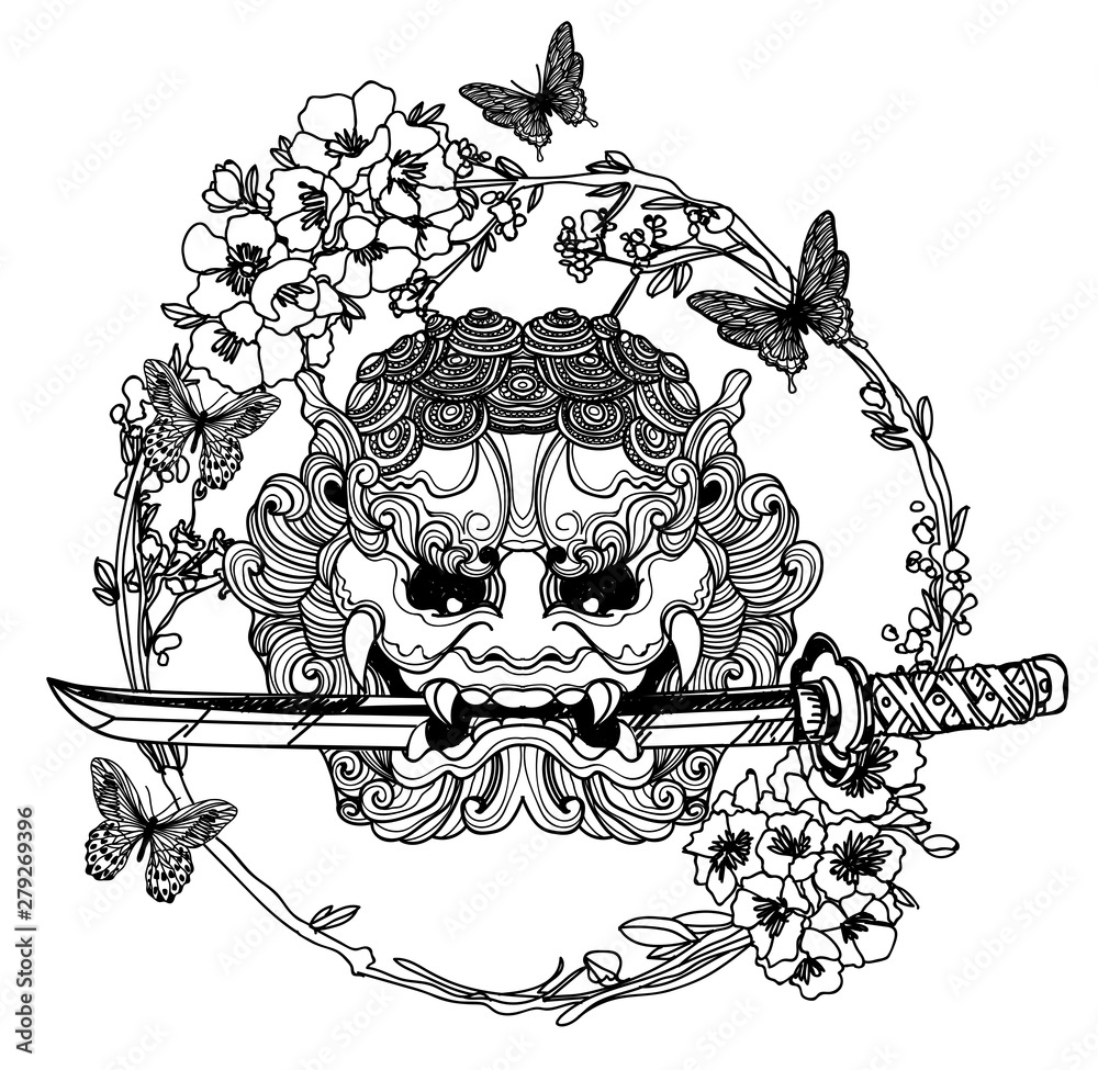 Tattoo art giant sword with flowers around hand drawing and sketch