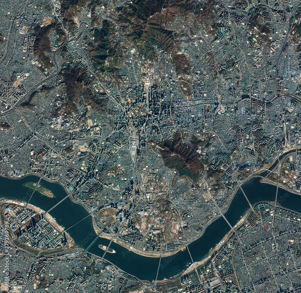 Fényképezés High resolution Satellite image of Seoul, South Korea (Isolated  imagery of South Korea - az Europosters.hu