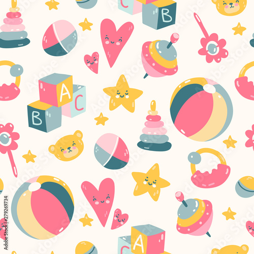 Seamless pattern with different colors baby prams, vintage simple style.