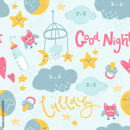 Seamless pattern with lullaby good night elements, moon, clouds, star, baby bottle and toys.