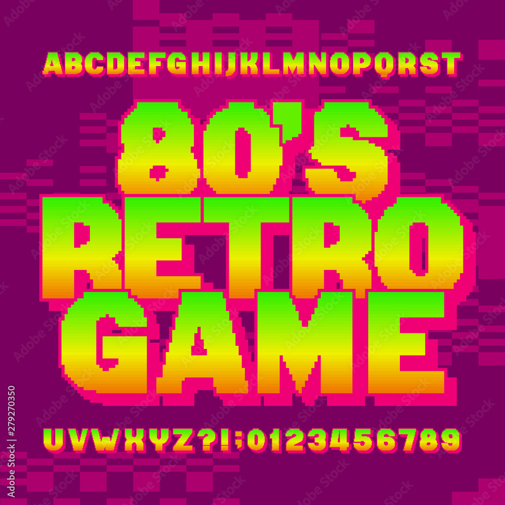 80s retro game alphabet font. Digital gradient letters and numbers on pixel background. 80s video game typescript.