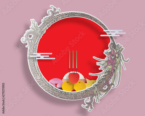 Vector Chinese Ghost Festival paper cut style. Dragon circle Chinese offerings, Joss paper and Ghost Money on red background.