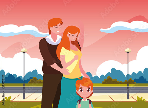parents with school boy waiting in the street