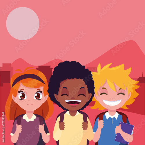 school boys and girl with bags