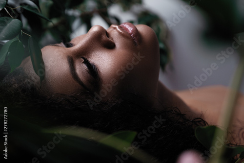Closeup portrait of a beautiful metis woman with perfect smooth glowing skin, full lips and black hair. An african american female model with fresh makeup on her face. Verdure and beauty