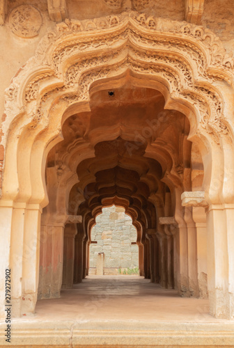 Beautiful carved stone architecture of Lotus Mahal in Hampi, Karnataka, India.