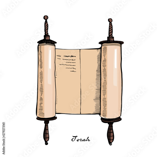 Torah scroll book bible shavuot illustration.Ancient scroll parchment with wooden handles.Hand drawn cartoon sketch.