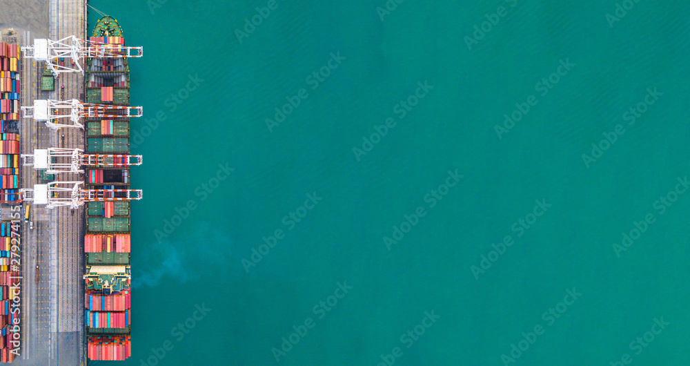Container ship carrying container for import and export, business logistic and transportation by ship in open sea, Aerial view container ship with copy space. - obrazy, fototapety, plakaty 