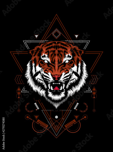 Wild tiger head logo illustration with sacred geometry pattern as the background