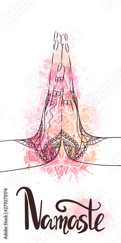 Indian hands in mehndi in yoga meditation gesture on mandala paisley and lettering. Namaste mudra on pink watercolor splash. Calm and peace. Vector card for your creativity