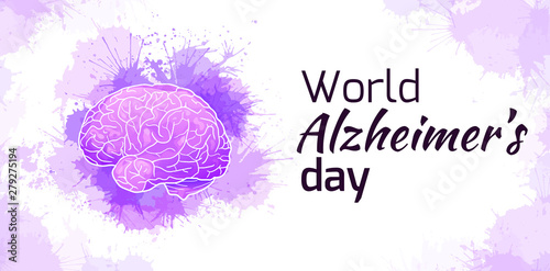 International Alzheimers Day. Horizontal card with human brain on purple watercolor stains. Disease and extinction. Vector banner for medical articles, banners, cards and your design.