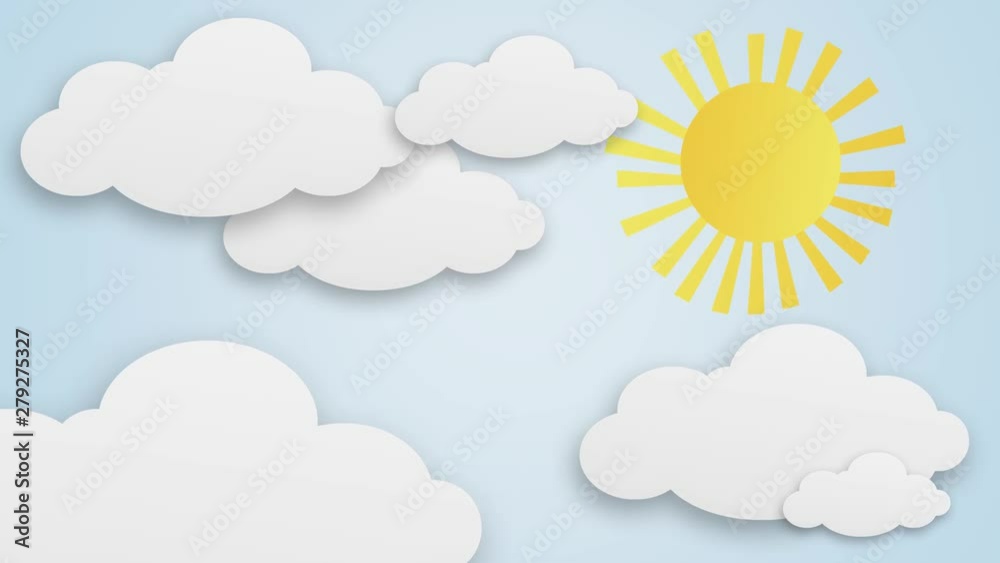 Cartoon Clouds and Sun on bright blue background
