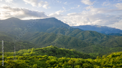 Aerial view of mountains and chewed roads on the mountain during sunset at Khao Kho Viewpoint, Phetchabun Province, Thailand