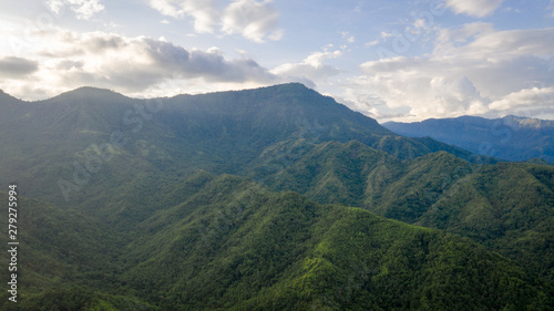 Aerial view of mountains and chewed roads on the mountain during sunset at Khao Kho Viewpoint, Phetchabun Province, Thailand