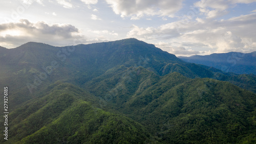 Aerial view of mountains and chewed roads on the mountain during sunset at Khao Kho Viewpoint, Phetchabun Province, Thailand