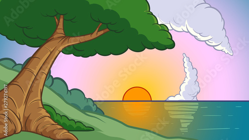 Cartoon background sunset with tree and ocean. Vector illustration with simple gradients. Some elements on separate layers. 