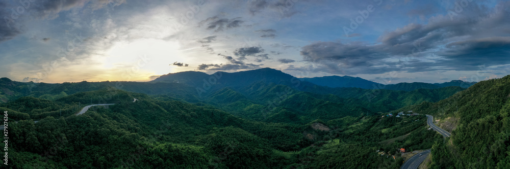 Aerial view of mountains and chewed roads on the mountain during sunset at Khao Kho Viewpoint, Phetchabun Province, Thailand Aerial view of mountains and chewed roads on the mountain during sunset at Khao Kho Viewpoint, Phetchabun Province, Thailand