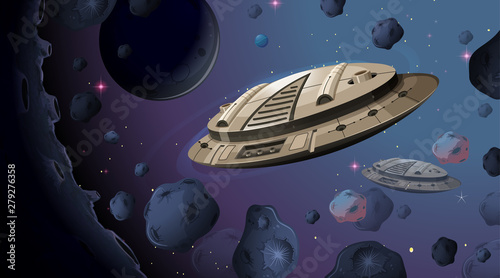 Alien ship in asteroid scene