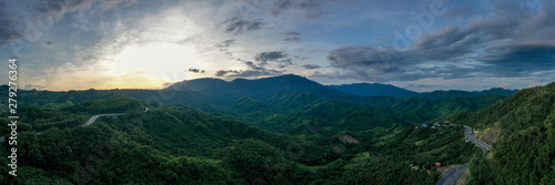 Aerial view of mountains and chewed roads on the mountain during sunset at Khao Kho Viewpoint, Phetchabun Province, Thailand
