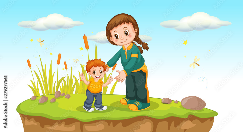 Mother and son outside scene Mother and son outside scene