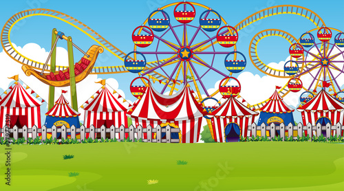 Amusement park scene with rides and circus tents