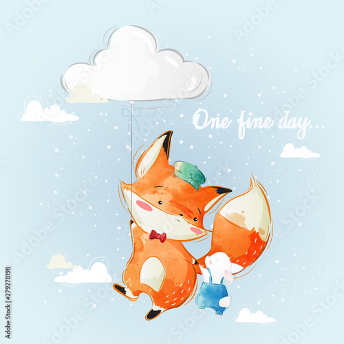 Cute Fox and Bunny Flying to the Sky