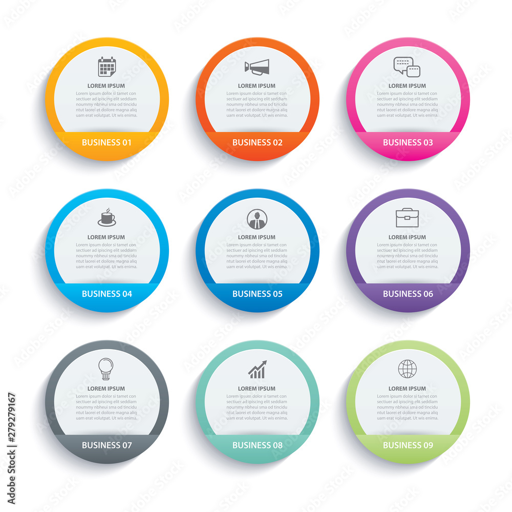 Infographics circle paper index with 9 data template. Vector illustration abstract background. Can be used for workflow layout, business step, banner, web design. Infographics circle paper index with 9 data template. Vector illustration abstract background. Can be used for workflow layout, business step, banner, web design.
