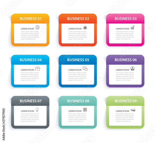 Infographics rectangle paper index with 9 data template. Vector illustration abstract background. Can be used for workflow layout, business step, banner, web design.