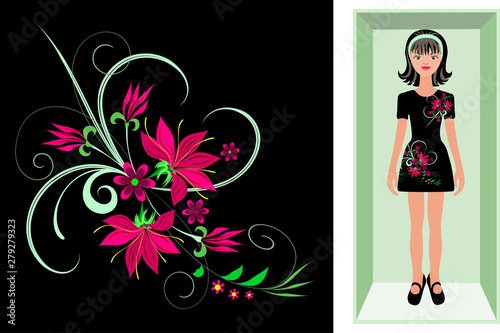 Floral print with decorative fuchsia flowers and green leaves on a black background, beautiful pattern for a female scarf, clothes, textiles. A doll in a box is an example of using a pattern on dress.