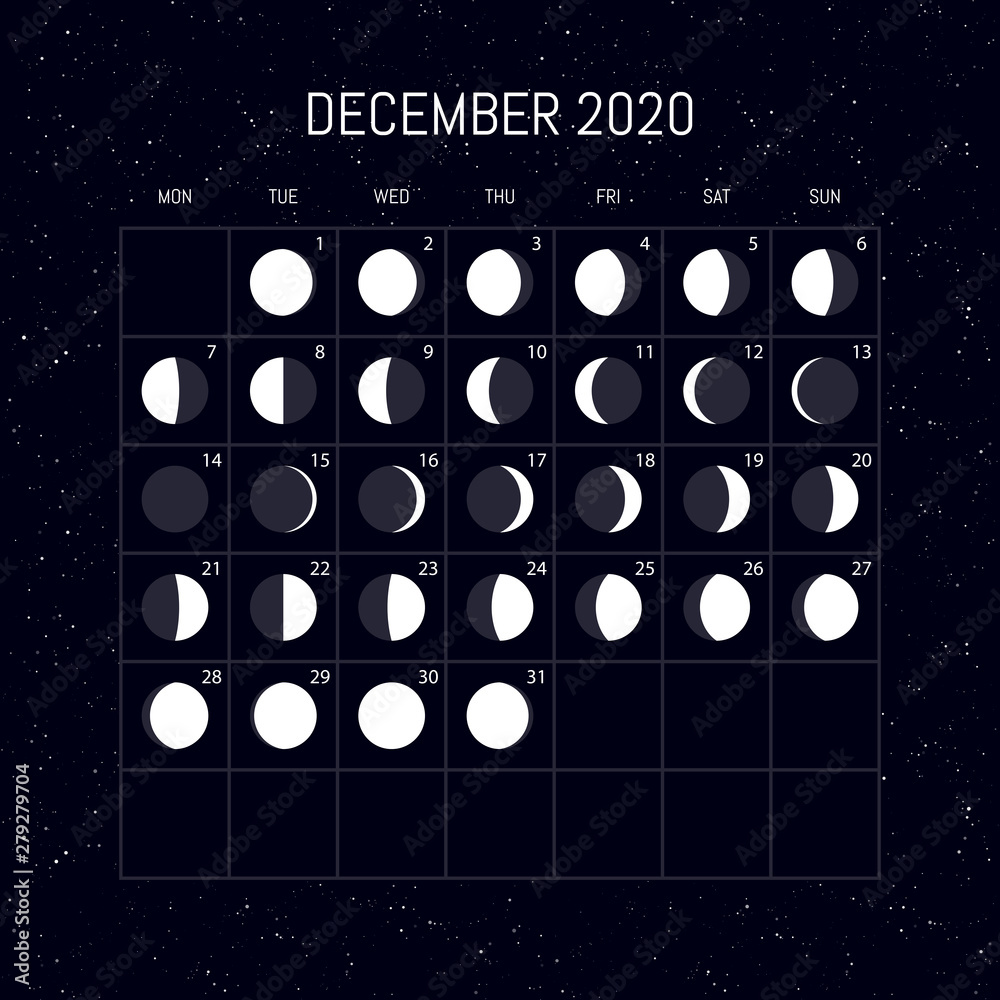 Moon phases calendar for 2020 year. December. Night background design.  Vector illustration Stock Vector | Adobe Stock