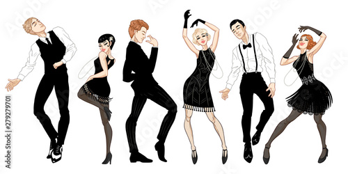 Retro party set, men and women dressed in 1920s style dancing, flapper girls, handsome guys in vintage suits, twenties, vector illustration