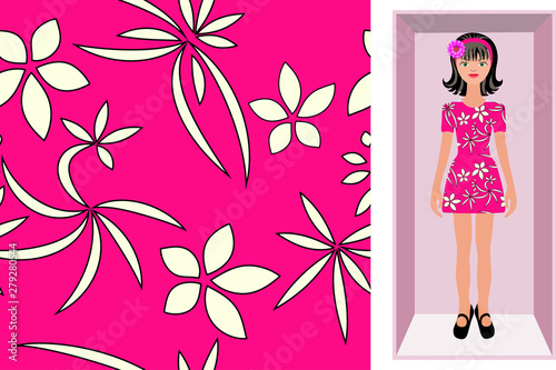 Vector seamless floral background pinc black white for decoration. A doll in ...