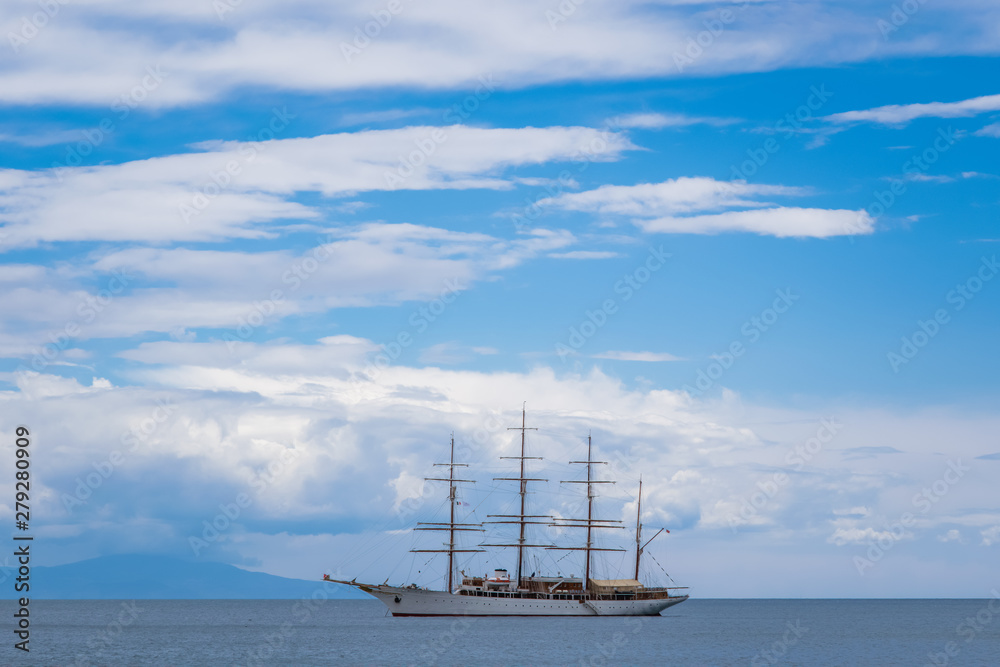 Sailing ship in Amalfi Harbor Marina Coppola, Amalfi Port, province of Salerno, the region of Campania, Amalfi Coast, Costiera Amalfitana, Italy