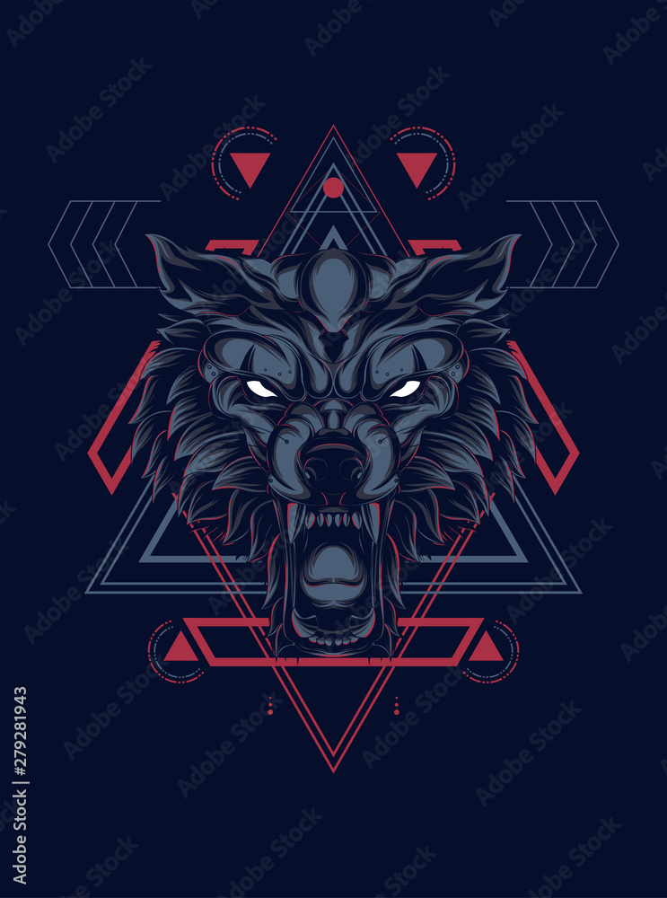 wild wolf head logo illustration with sacred geometry pattern as the background