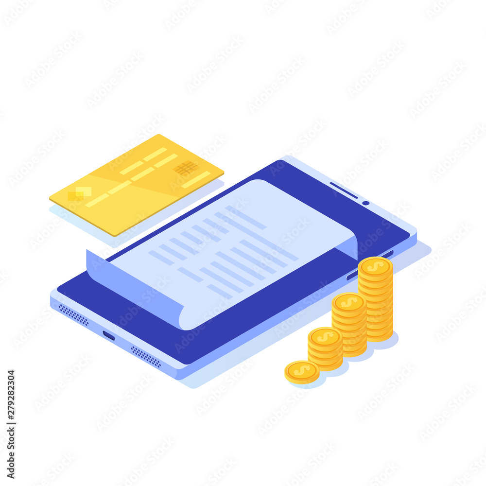 Digital bill, electronic receipt or invoice vector illustration isometric. Online shopping.