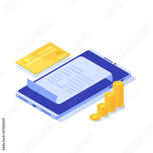 Digital bill, electronic receipt or invoice vector illustration isometric. Online shopping.